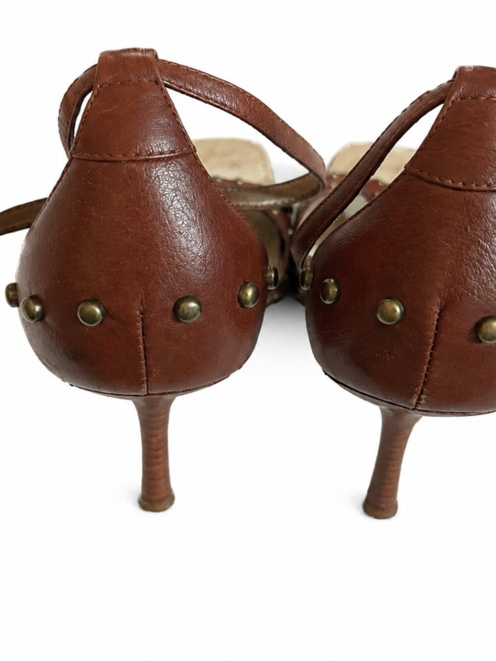 Guess by Marciano Brown Leather Studded T-Strap Wedge Heels